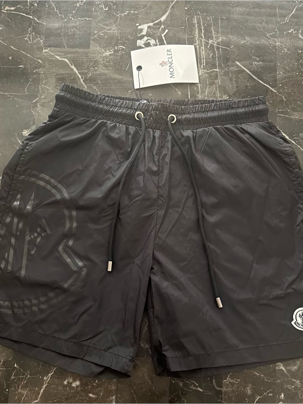 Moncler Black Logo Swim Shorts with Tone-on-Tone Emblem